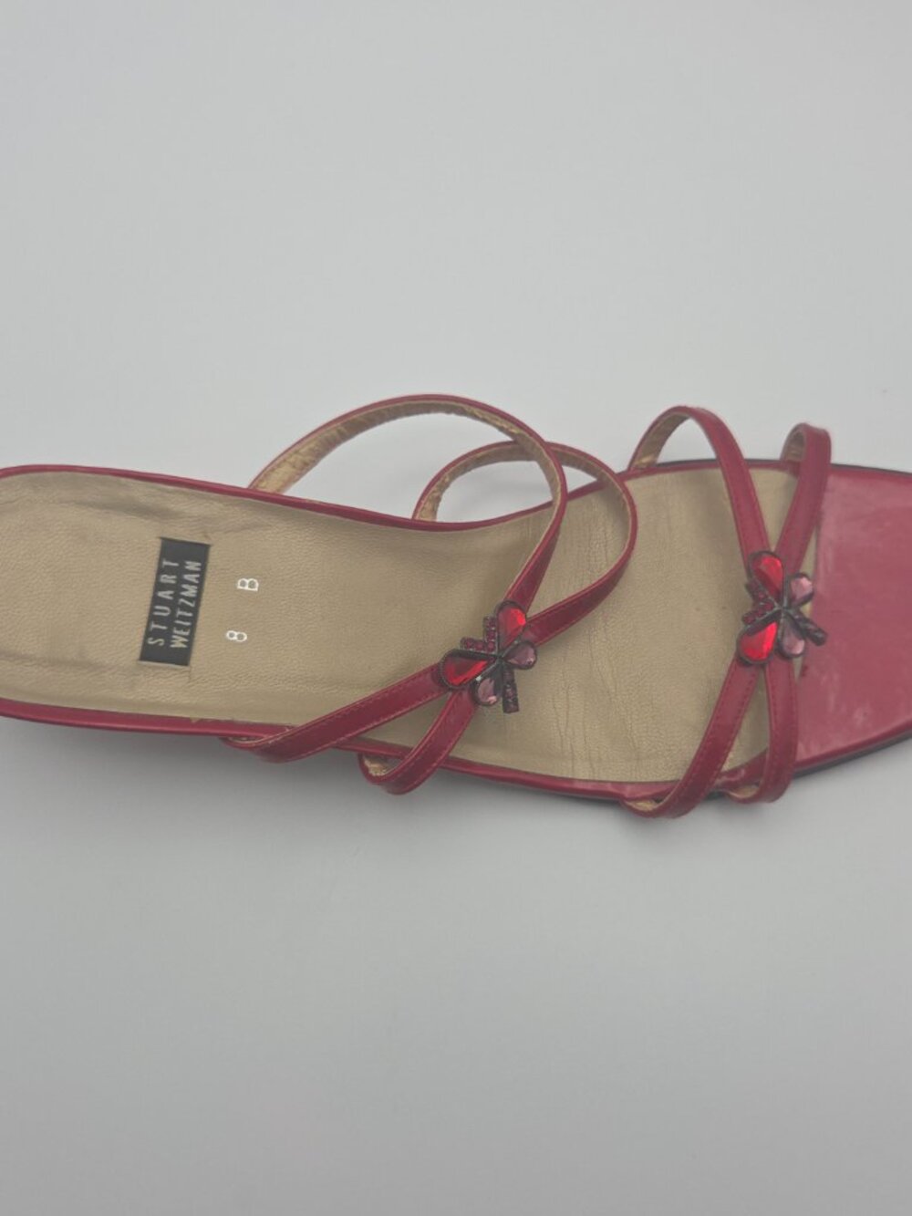 Vintage Stuart Weitzman Bugaboo Red Rhinestone Butterfly Sandals | Size 8 - Picture 2 of 11